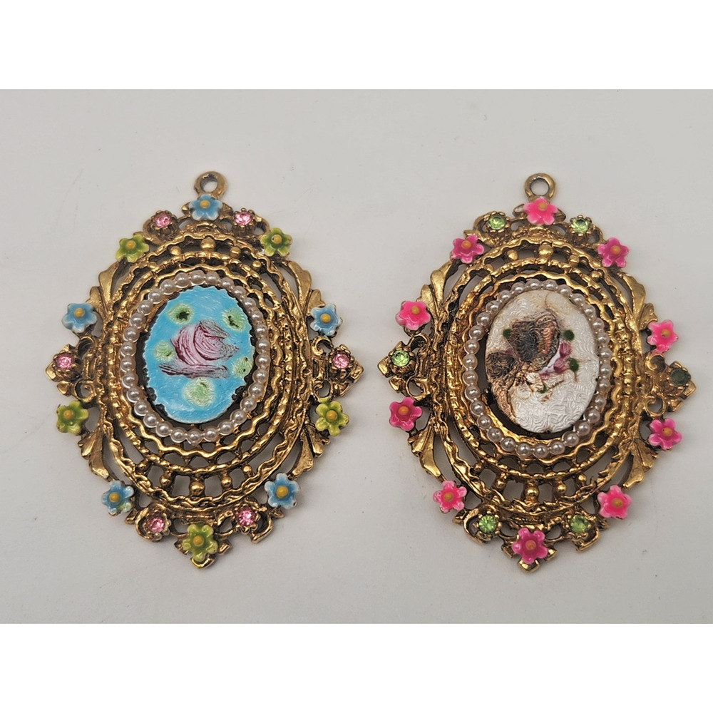 ART Arthur Pepper Guilloche Enamel Brooch Rhinestones Signed Vintage Pendants